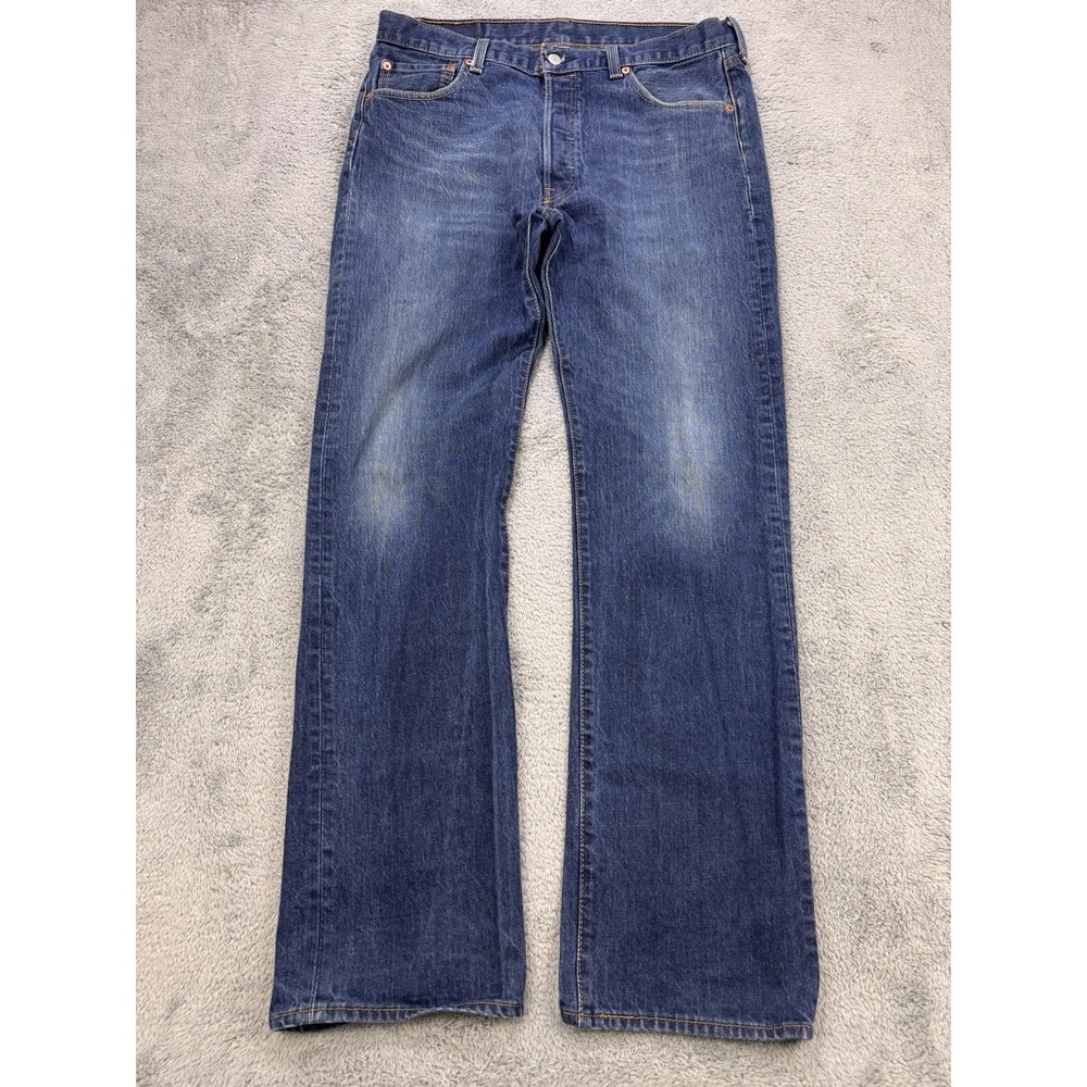 Levis 501 Jeans Mens 36x34 Blue Distressed Denim Straight Leg Button Fly